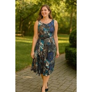 Perceptions M Green Black Floral Textured Boho Fairy Patchwork Midi Office Dress
